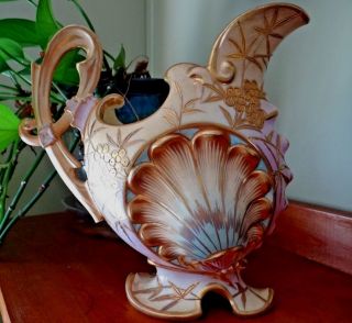 Rare Fischer Ornate Sea Shell Pitcher Hungary Budapest Art Pottery 1880 