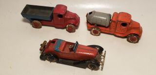 3 Antique Toy Cars - Trucks - Tootsie Toys - Lead - Cast - 4 Inch - Orig Patina - Paint - Nr
