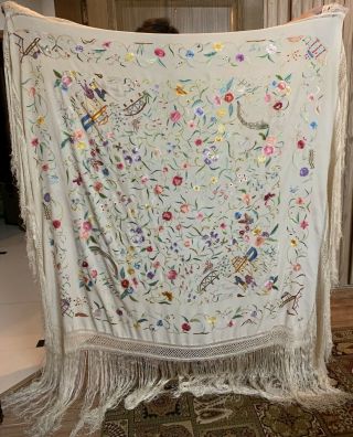 Antique Chinese Hand Embroidery Piano Shawl Multi Color 55 " X 58 " Fringe 23 "