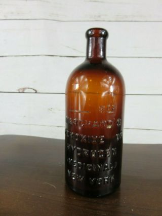 Antique Amber Marchands Peroxide Of Hydrogen Medicinal York Rare 8 Oz Size