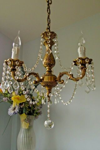 Vintage French Quality Solid Brass Crystal Glass Drop 3 Arm Chandelier Light
