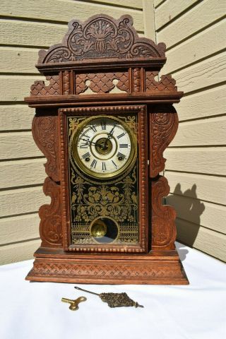 Antique E.  N.  Welch Parlor / Kitchen Mantel / Shelf Clock W/ Gingerbread & Alarm