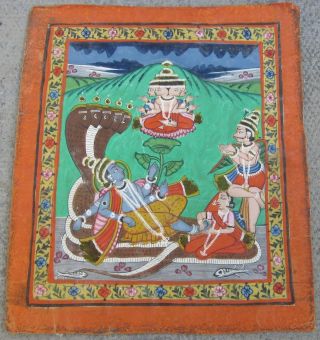 Vishnu Lying On The Coils Of The Serpent Shesha Antique 19thc Indian Painting