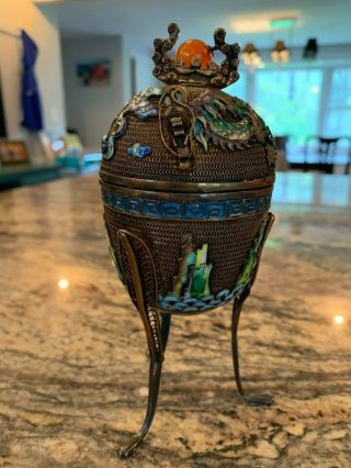 Wonderful 19th Century Chinese Gold Wash Sterling Silver Censer With Enamel