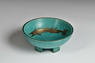 Rare Gustavsberg Argenta Swedish Art Pottery Footed Bowl W/ Silver Inlay Fish