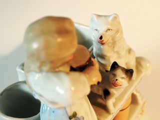 Antique porcelain match holder Striker Girl cat Samoyed Eskimo dog Spitz marked 11