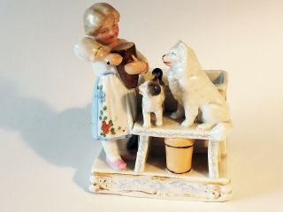 Antique Porcelain Match Holder Striker Girl Cat Samoyed Eskimo Dog Spitz Marked