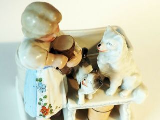 Antique porcelain match holder Striker Girl cat Samoyed Eskimo dog Spitz marked 2