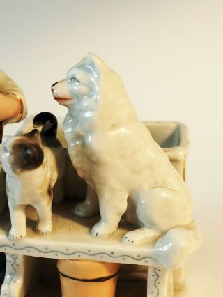 Antique porcelain match holder Striker Girl cat Samoyed Eskimo dog Spitz marked 3