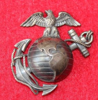 Vintage Wwii Usmc Marine Corps Officer Bronze Hat Cap Badge Sterling Hilborn H - H