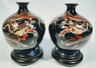 19th Century Japanese Cloisonné Enamel Vases With Dragons On Wood Bases Pair