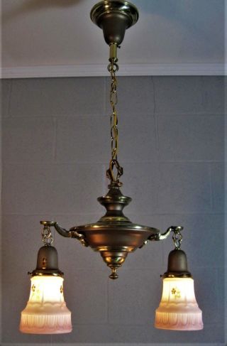 Chandelier Antique Restored Brass W.  Metallic Finishes Floral Milk Glass Shades