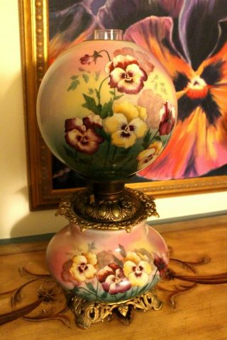 Pansies Victorian Oil Lamp,  Gone With The Wind.  Complete Hand Painted