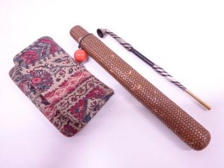 4162902: Antique Japanese Kiseru Smoking Pipe & Koshi - Sage Set