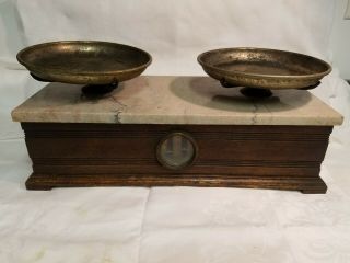 Antique Apothecary Balance Scale - Wood Base,  Marble Top