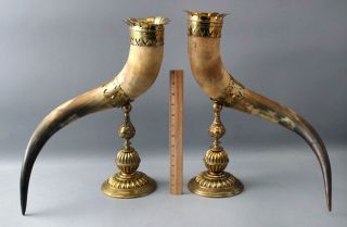 Pair Large Antique 19thc Gilt Brass & Horn Mantle Vases,  Hunting Drinking Cups