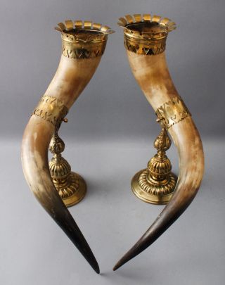 Pair Large Antique 19thC Gilt Brass & Horn Mantle Vases,  Hunting Drinking Cups 5