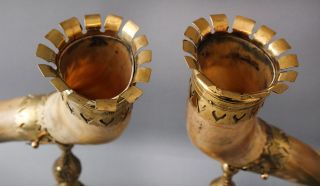 Pair Large Antique 19thC Gilt Brass & Horn Mantle Vases,  Hunting Drinking Cups 6