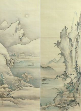 I419: Japanese Old Hanging Scroll.  Landscape With Tanyu Kano 