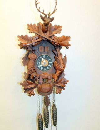 Old Large Clock Cuckoo Wall Clock Black Forest Wit Carillon Music Box 42 Cm Hg.