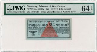 Germany - 2 Reichsmark 1939 - 44 Ww2 Pow Camp Pmg Choice Unc 64 Epq