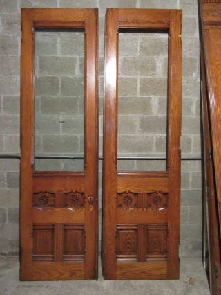 ANTIQUE CARVED OAK DOUBLE ENTRANCE FRENCH DOORS WITH MOLDINGS 77 X 122 11