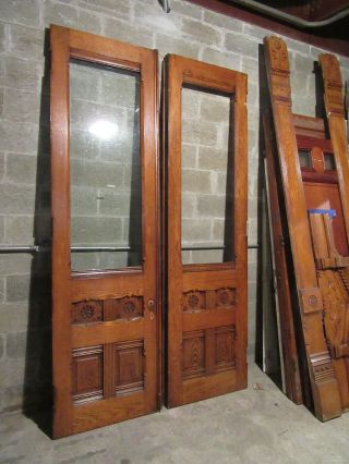 ANTIQUE CARVED OAK DOUBLE ENTRANCE FRENCH DOORS WITH MOLDINGS 77 X 122 12
