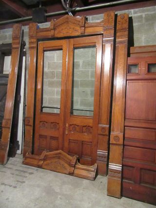 ANTIQUE CARVED OAK DOUBLE ENTRANCE FRENCH DOORS WITH MOLDINGS 77 X 122 3