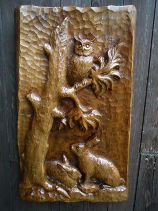 Antique Black Forest Carved Wood Plaque - Wood Carving - Rabbit - Owl - Wall Panel - Rare