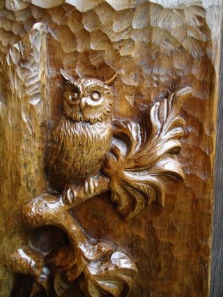 ANTIQUE BLACK FOREST CARVED WOOD PLAQUE - WOOD CARVING - RABBIT - OWL - WALL PANEL - RARE 2