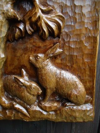 ANTIQUE BLACK FOREST CARVED WOOD PLAQUE - WOOD CARVING - RABBIT - OWL - WALL PANEL - RARE 3