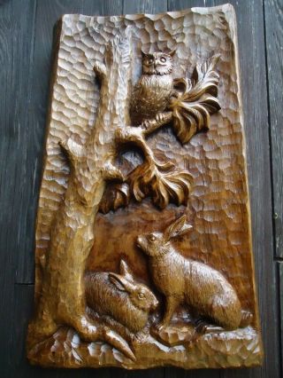 ANTIQUE BLACK FOREST CARVED WOOD PLAQUE - WOOD CARVING - RABBIT - OWL - WALL PANEL - RARE 4