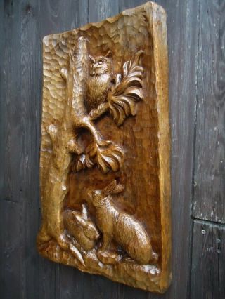 ANTIQUE BLACK FOREST CARVED WOOD PLAQUE - WOOD CARVING - RABBIT - OWL - WALL PANEL - RARE 5