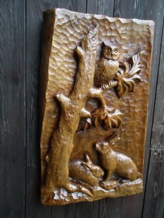 ANTIQUE BLACK FOREST CARVED WOOD PLAQUE - WOOD CARVING - RABBIT - OWL - WALL PANEL - RARE 6