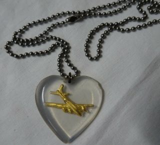 Wwii Usaaf Sweetheart Pendant Heart Shape Lucite Embedded Bomber Plane Dt Chain
