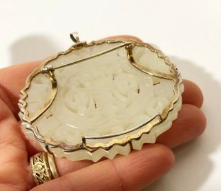 VINTAGE ANTIQUE CHINESE CARVED NEPHRITE WHITE JADE AMULET SILVER PIN PENDANT 6