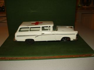 1958 Tin Friction Toy Car,  Ford Station Wagon Ambulance,  Paint,  Japan Made