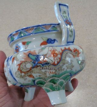 Antique Chinese Wucai Dragon Phoenix Porcelain Tripod Censer Signed 12
