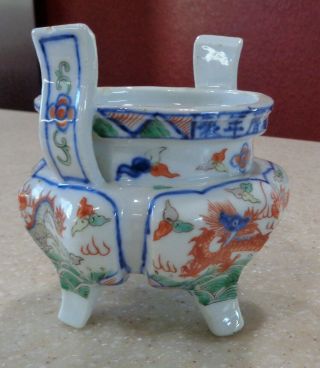 Antique Chinese Wucai Dragon Phoenix Porcelain Tripod Censer Signed 2