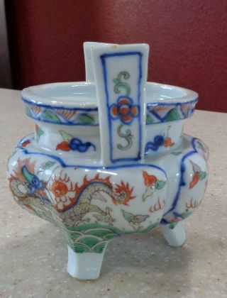 Antique Chinese Wucai Dragon Phoenix Porcelain Tripod Censer Signed 3