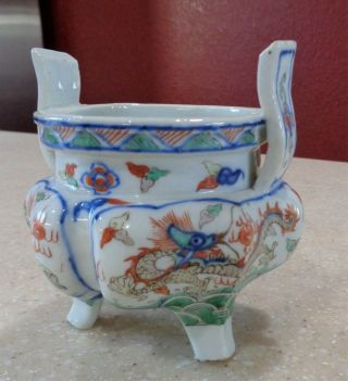 Antique Chinese Wucai Dragon Phoenix Porcelain Tripod Censer Signed 4