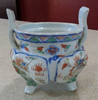 Antique Chinese Wucai Dragon Phoenix Porcelain Tripod Censer Signed 5