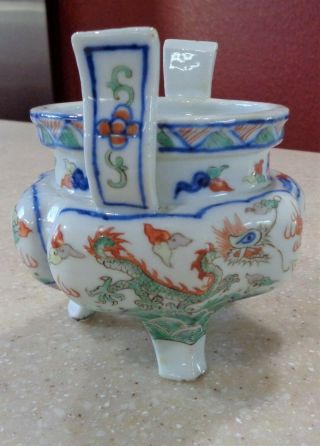 Antique Chinese Wucai Dragon Phoenix Porcelain Tripod Censer Signed 6