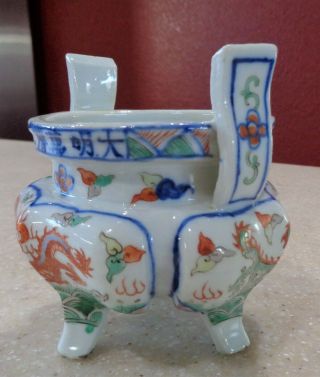 Antique Chinese Wucai Dragon Phoenix Porcelain Tripod Censer Signed 7