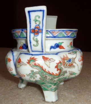 Antique Chinese Wucai Dragon Phoenix Porcelain Tripod Censer Signed 9