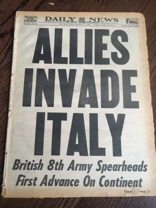 Allies Invade Italy Dramatic Wwii York Daily News 1943 Newspaper