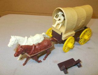 Marx Wagon Train Playset Brown Wagon,  Driver,  Cover,  Horses,  Accessories 2