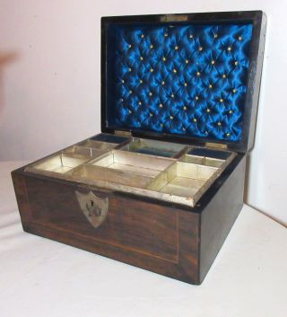 Antique 1901 Handmade Inlaid Wood Satin Tufted Lined Wooden Sewing Jewelry Box