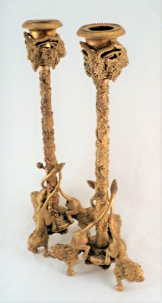 Antique Bronze Lions Rams Head Candlesticks Gilded Doré 13 " Tall Ornate
