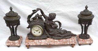 F Moreau French Garniture Mantle Clock Set Spring Idyll Statue Art Nouveau